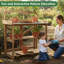 Banc de rempotage en bois avec plateau en métal, crochets latéraux et tablettes ouvertes pour la plantation de jardin et d'extérieur