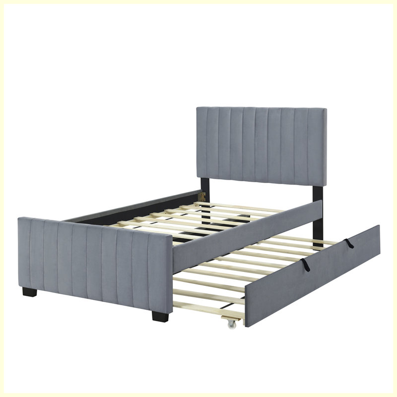 Modern Velvet Upholstered Platform Bed with Trundle, Gray