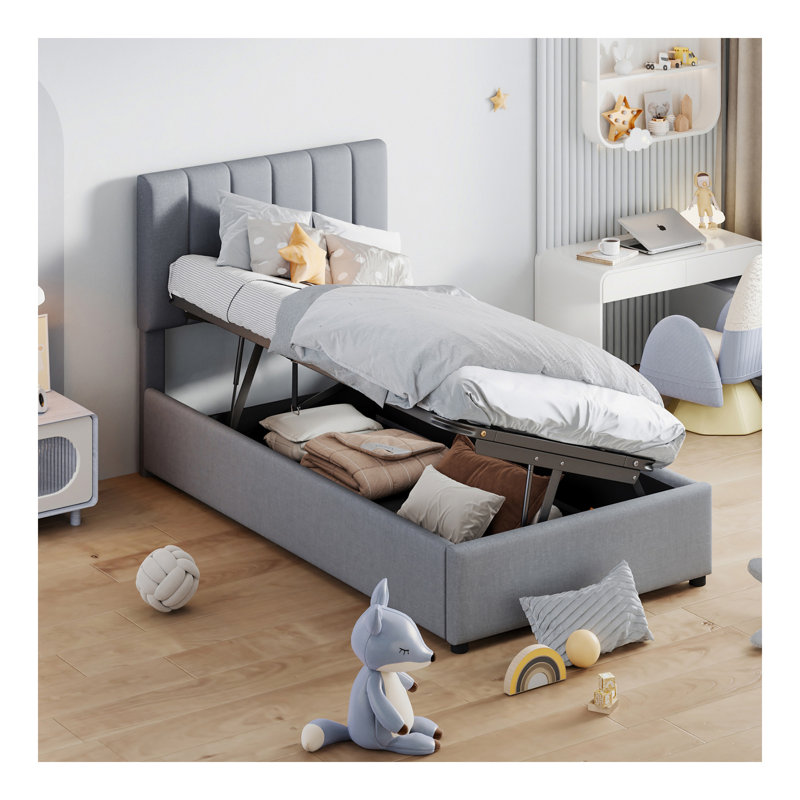 Lit plateforme simple tapissier avec système de rangement hydraulique, gris