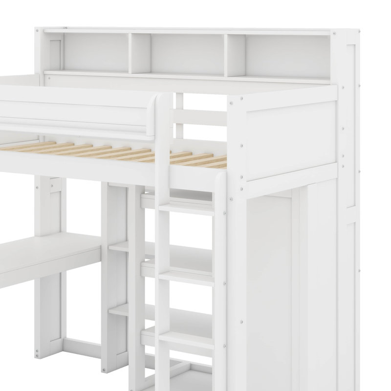Lit mezzanine simple avec tablettes et garde-robe, Blanc
