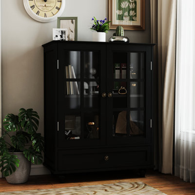Black Buffet Cabinet With Double Glass Doors And Solid Wood Legs, For Kitchen, Bedroom - Water Based Painted Surface, Customizable Storage Modern Living Room, Dining Room Adjustable Storage, Smooth