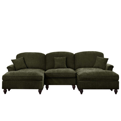 Grand canapé de style Mid-Century en chenille 3 places avec accoudoirs évasés, jupes plissées à volants amovibles et 2 repose-pieds pour le salon