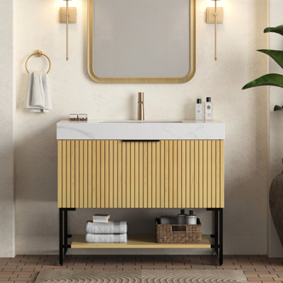 36" Freestanding Bathroom Vanity With Sink, Gray Sintered Stone Top, Undermount Ceramic Basin, Oak Cabinet, Pre - Assembled, Drawer And Open Shelf For Ample Storage Style Vanity, Countertop, Plywood