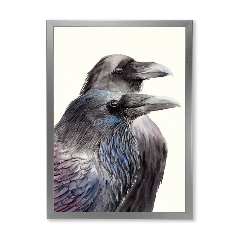 Deux corbeaux noirs avec des plumes noires et bleues - peinture sur toile, Toile argentée avec cadre d'angle fermé