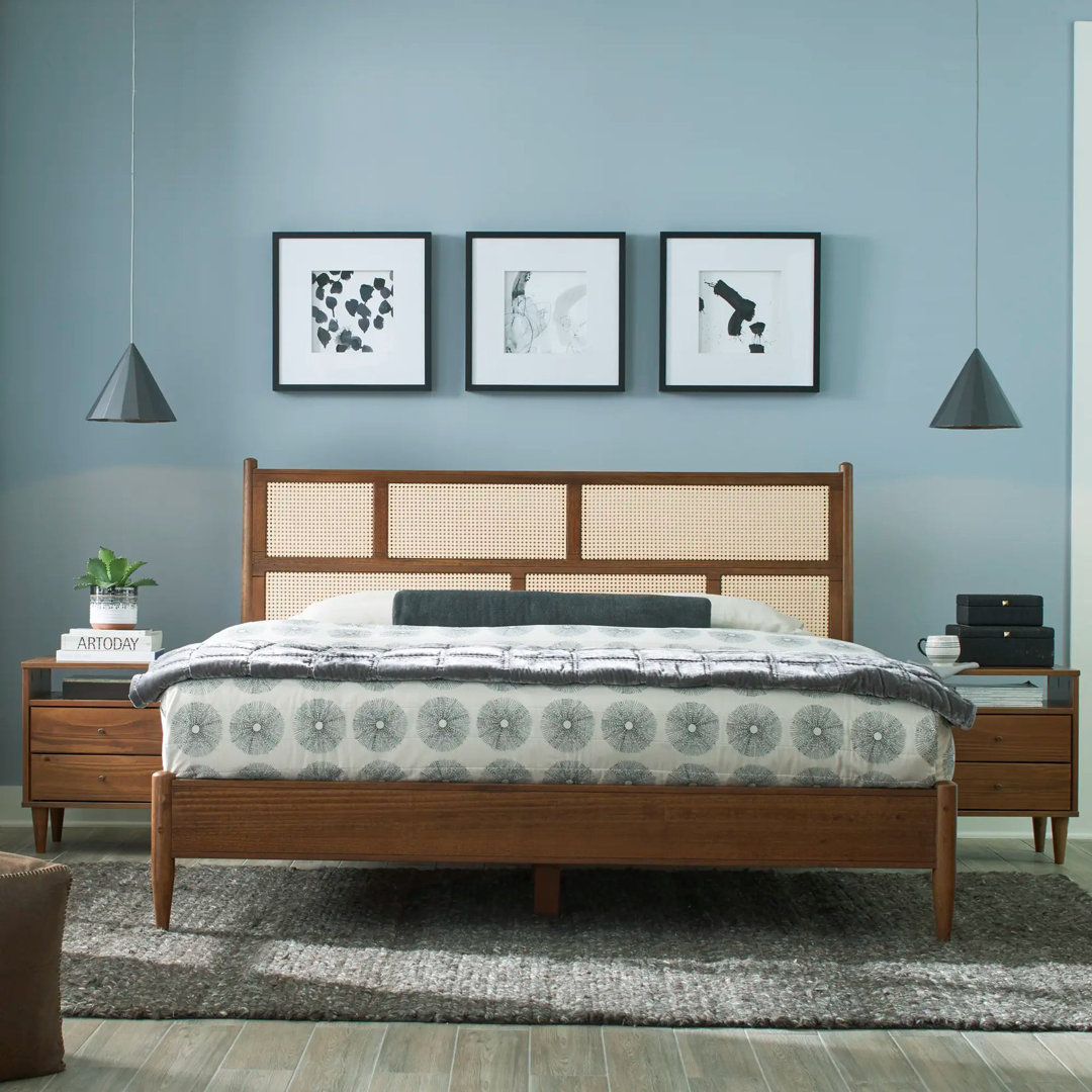 Mid Century Solid Wood Cane Bed Grain Wood Furniture 