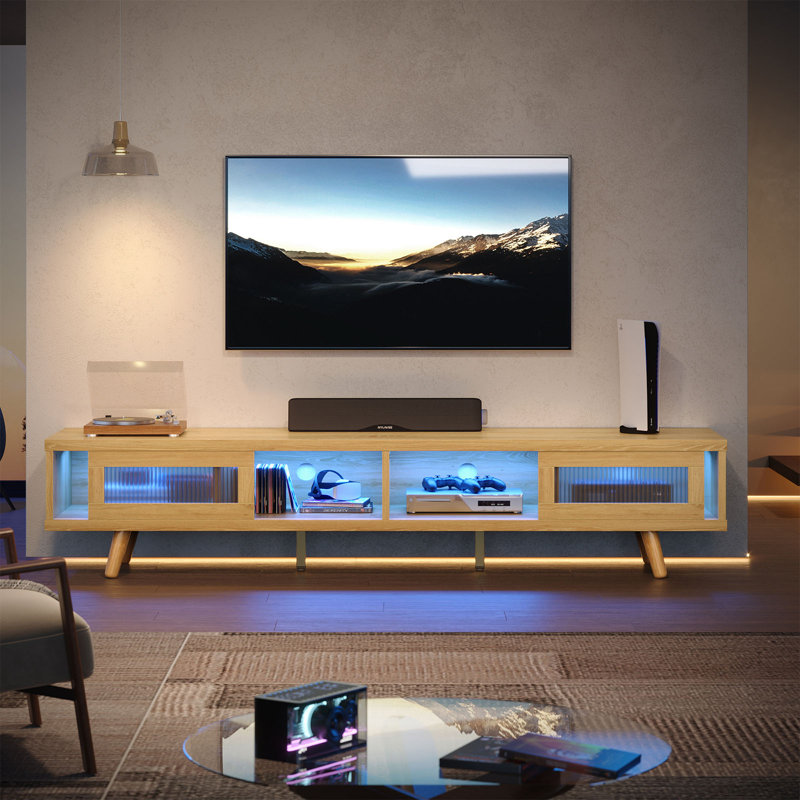 Meuble télé 70 pouces de style Mid-Century pouvant accueillir jusqu'à 75 pouces avec rangement, console multimédia à DEL avec portes élégantes