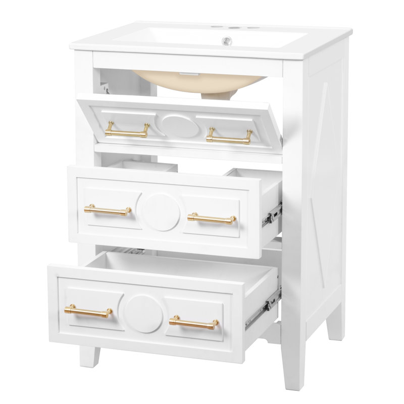 Meuble-lavabo blanc de 61 cm (24 po) avec lavabo en céramique, meuble-lavabo simple sur pied, 3 tiroirs, design rétro élégant, montage facile, finitions soignées, trois trous prépercés