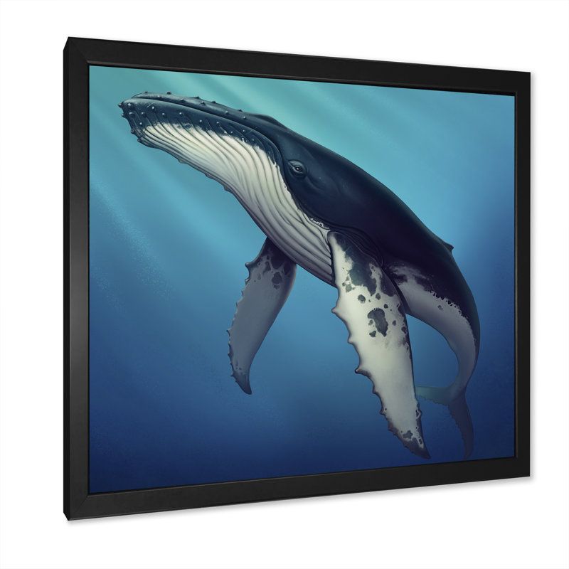 Baleine dans l'océan II - Peinture, Cadre photo noir, H 16 po x l 16 po x P 1 po