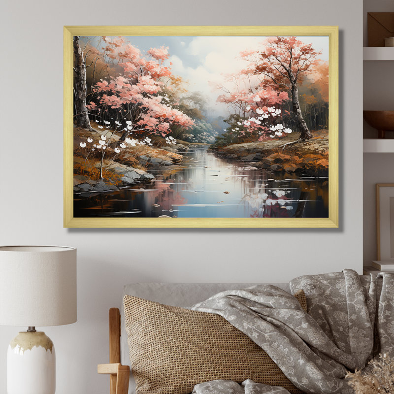 «Japanese River Forest», impression sur toile, Cadre doré simple, H 30 po x l 40 po x P 1,5 po