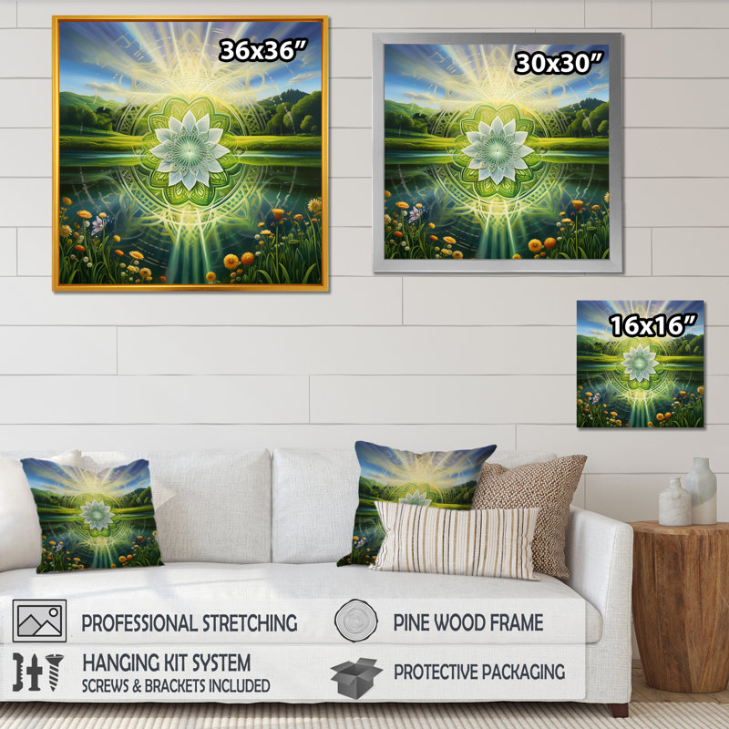Mandala lumineux brillant dans un paysage de paradis I - impression, Cadre doré simple, H 16 po x l 16 po x P 1 po