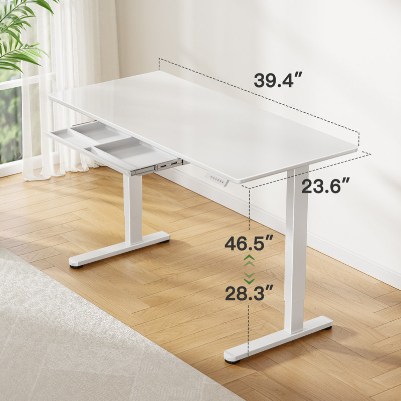 Glass Standing Desk with Writable Surface and Built-In Storage Drawers, Adjustable Height, White, 28.3" H x 39.4" W x 23.6" D