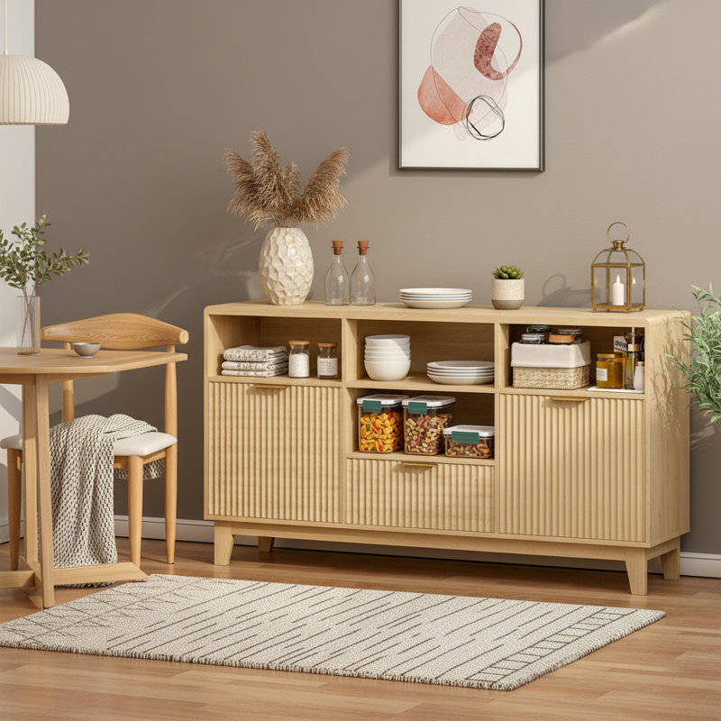 58" Wide Fluted Sideboard With Charging Station & Lighting - Natural Oak