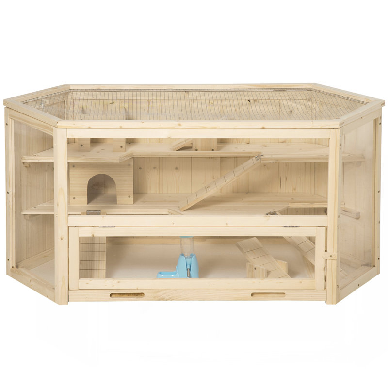 Maison de jeu en bois avec hamster et cage à 3 niveaux avec plateau, scies à bascule, bouteille d'eau, centre d'activités, naturel