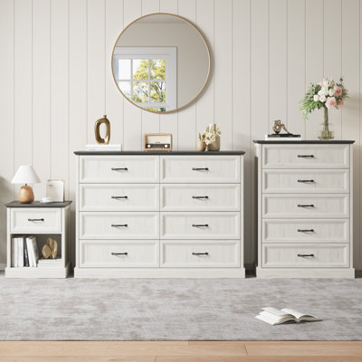 4 Pieces Bedroom Set Include 8 Drawer Dresser, 5 Drawer Tall Chest And Two Nightstands With Bookcase