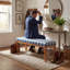 Banc de hall d'entrée moderne avec coussin en tissu, siège de couloir de 53 po pour chaussures, pieds en bois, revêtement en tissu écossais bleu-1668438444-1668438433