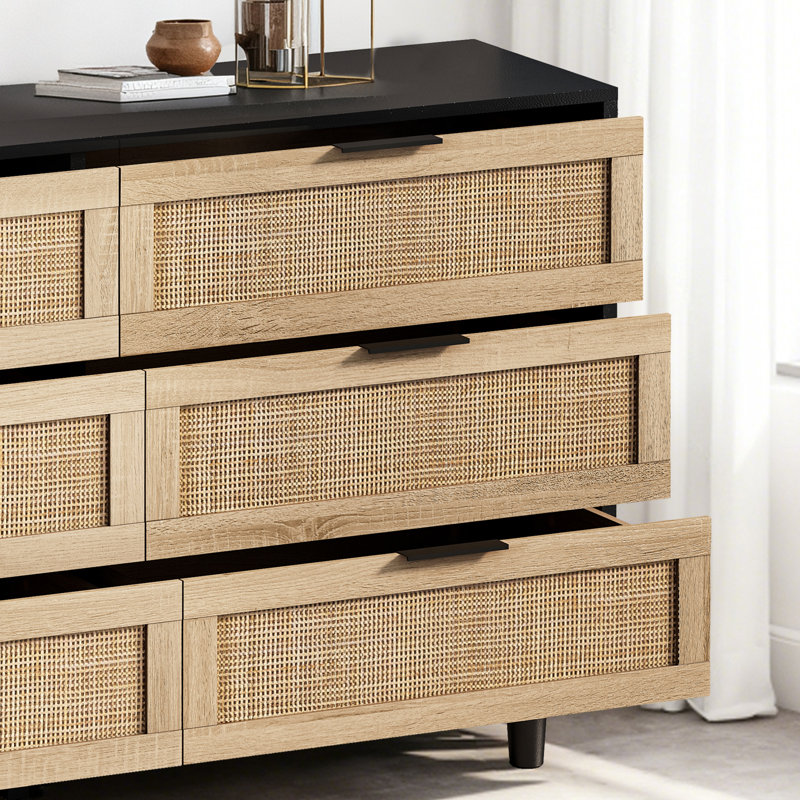Ayanna 6 Drawer Rattan Storage Dresser, Black, Black, 29.53" H x 51.18" W x 15.75" D