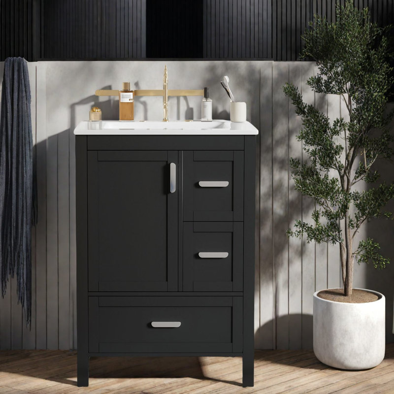 Compact Modern Vanity Cabinet With Sink, Wood Frame, Stylish Black