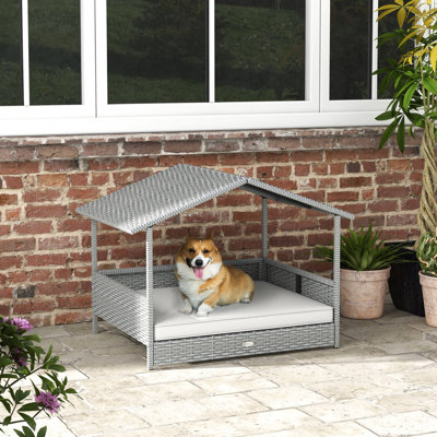 Canopy Dog House In For Outdoor Pets With Smaller And Medium Dogs - Cream White Bed Pe Material, Cushion, Elevated Floor Plan Design Formation Outdoor