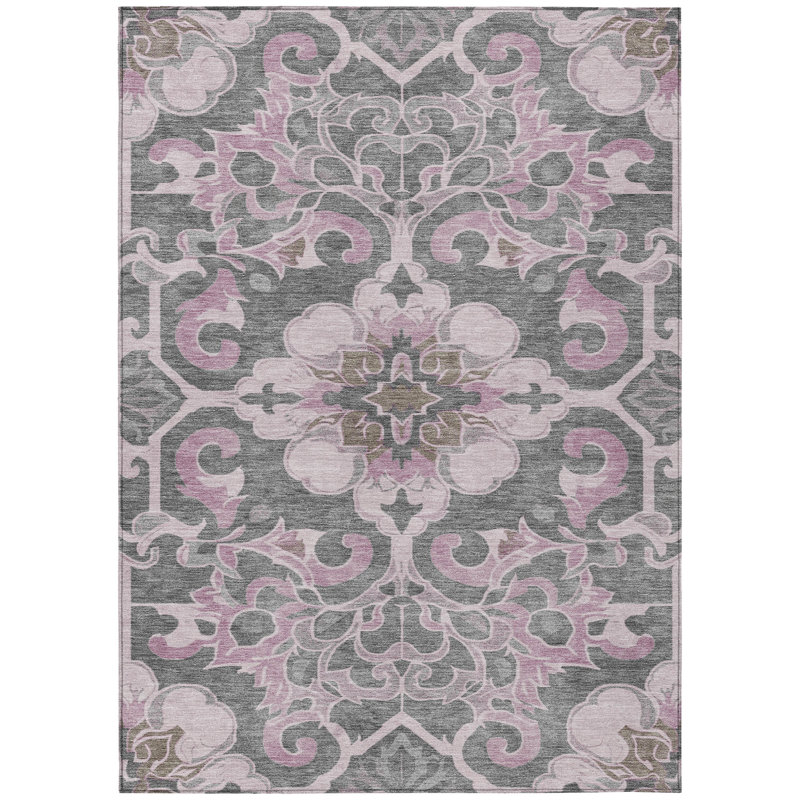 Machine Washable Indoor/Outdoor Xhevrie Pink Rug, Rectangle 9' x 12'