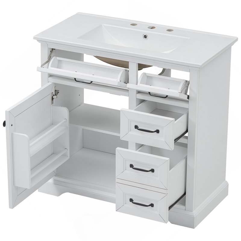 Meuble-lavabo de salle de bain avec lavabo, 2 tiroirs basculants, charnières de porte à fermeture en douceur, Blanc