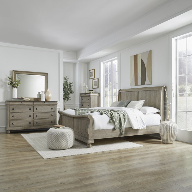 Ensemble de lit-bateau très grand, commode et miroir Lenny, Brun clair, Très grand