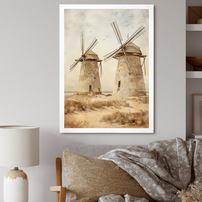 «Vintage Windmill View sépia I - Wind Turbines», art mural