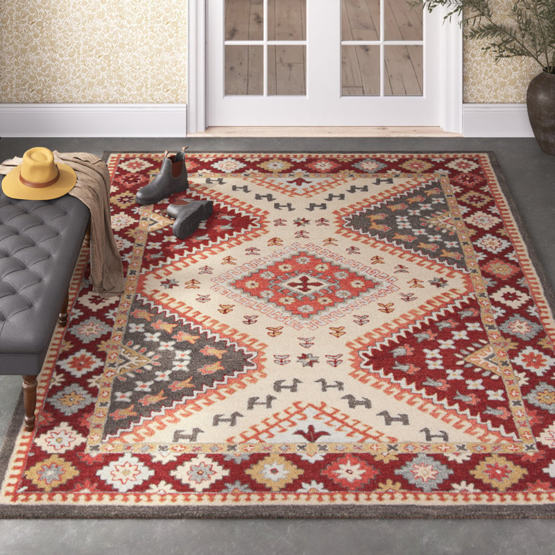 Chadbourn Southwestern Handmade Tufted Cotton/Wool Red/Ivory Area Rug, Rectangle 6' x 9'