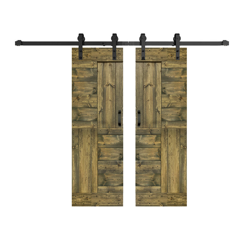 Porte de grange coulissante double en bois massif avec trousse de quincaillerie brevetée S Series - assemblage requis