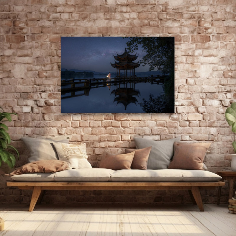 «Woman Lantern Night Starry Mystical Peaceful Serene Architecture Landscape Art mural», H 40 po x l 60 po