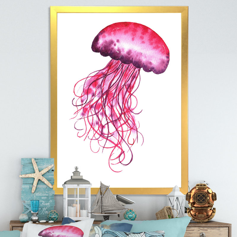 Adorable méduse rose méduse - Décoration murale nautique et côtière en toile, L 30 po x H 40 po x P 1,5 po