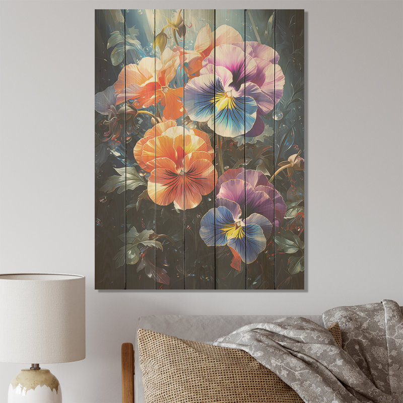 Pensée orange et bleue - sérénité - Pensées sur bois, H 20 po x l 10 po