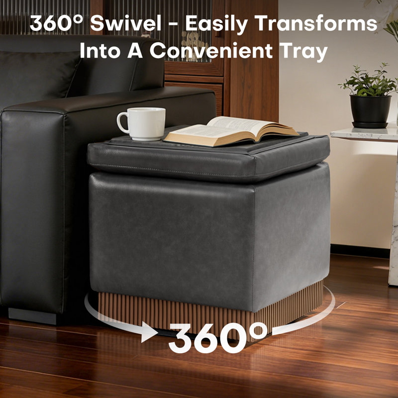 18.5"W Storage Ottoman With 360° Swivel Base Acacia Wood Frame Fully Assembled, Gray