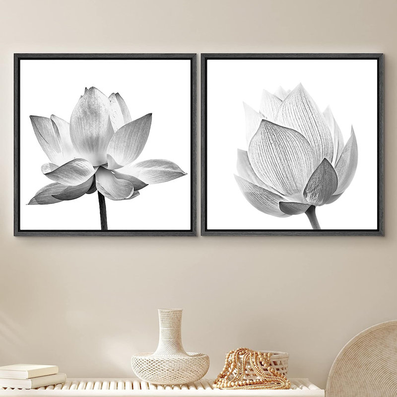 Film grain agrandie de lotus encadré sur toile, 2 pièces, H 16 po x l 32 po x P 1,5 po, Cadre flottant noir