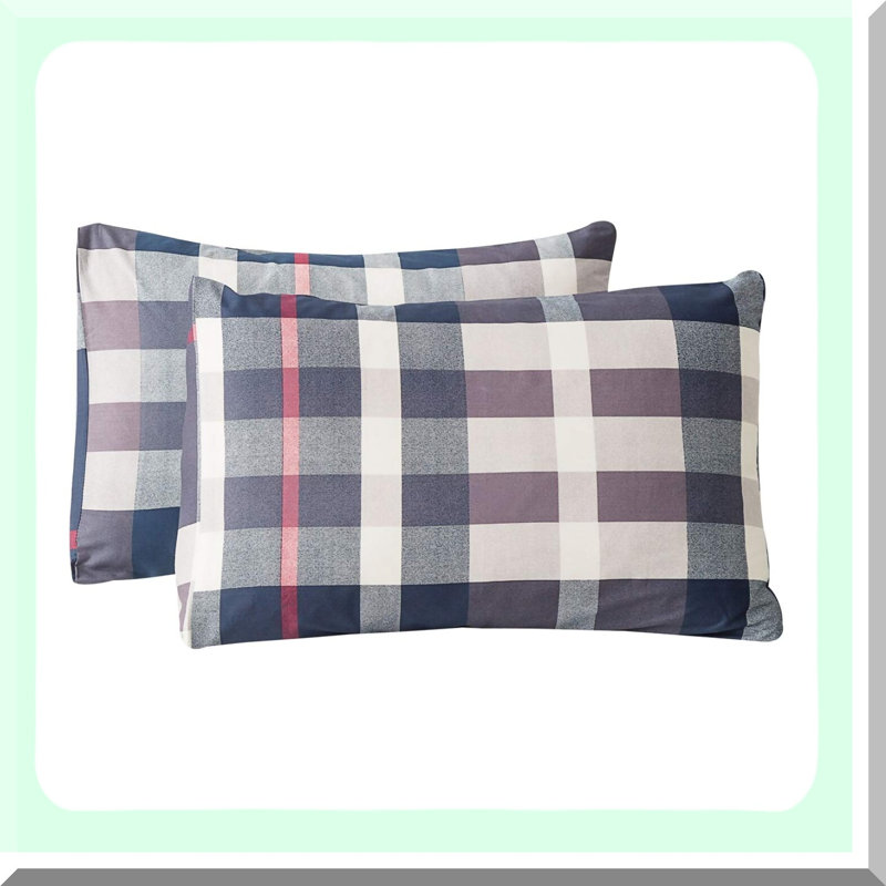 Navy Plaid Cotton Pillowcase Set - Queen Size 2 Pack Checkered Pillow Protectors with Envelope Closure - Premium Quality Soft Comfort - 20x26"