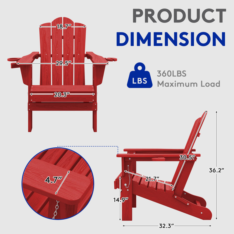 Chaise Adirondack pliante en PEHD Wolak avec porte-gobelet double, Rouge