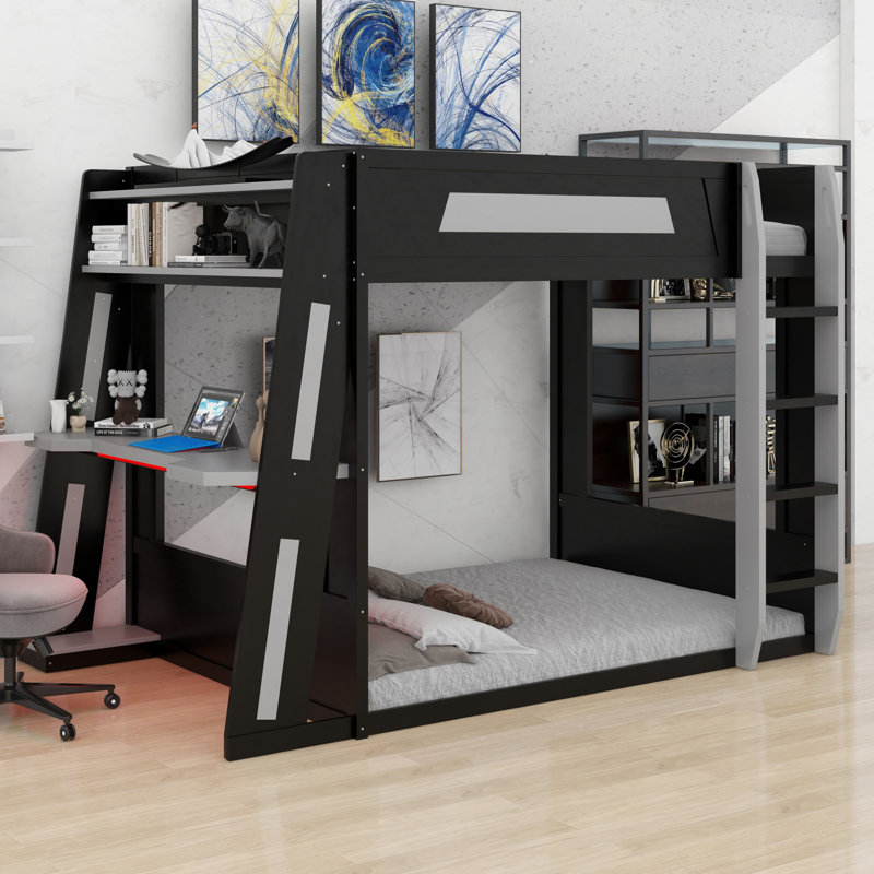Wooden Gaming Bunk Bed With Desk,Two Storage Shelves,USB And LED Light, Black/Gray