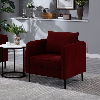 Méridienne moderne pour le salon principal - Fauteuil rembourré en velours rouge vin avec coussins dodus et pieds en métal, facile à entretenir