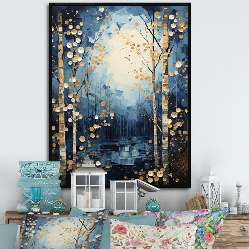 «Lestine Birch Woods Moonlit Symphony VI», reproduction sur toile, H 20 po x l 12 po x P 1 po, Cadre flottant noir