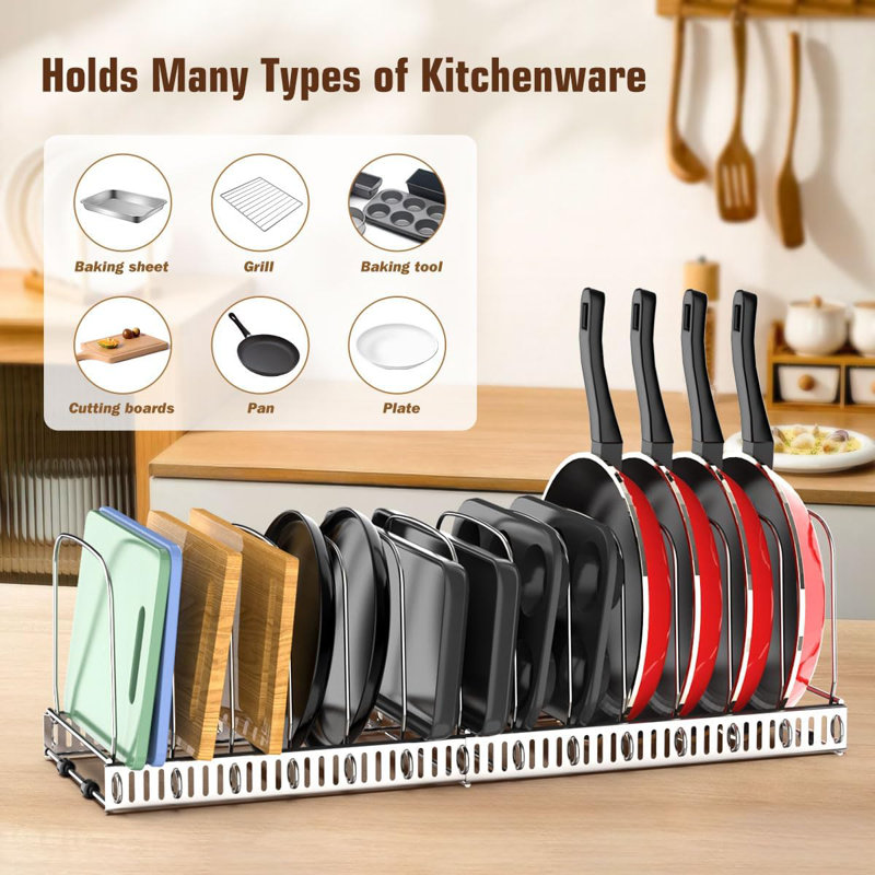 Cutting Board Organizer Rack, Expandable Baking Tray And Cookie Sheet Organizer With 14 Adjustable Dividers, Bakeware Muffin Tin Cupcake Pan Storage Organizer For Cabinet