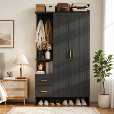 Armoire-penderie autoportante de 35,8 po de largeur avec 2 tiroirs, 2 portes et rangement latéral ouvert, armoire de rangement pour vêtements de chambre à coucher