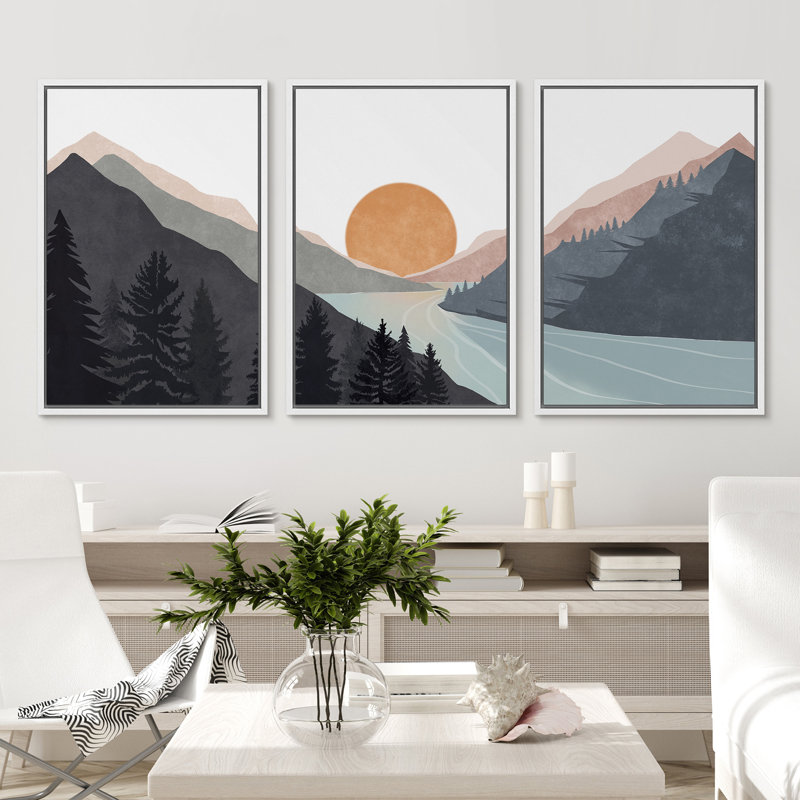 «Sun Mountain Landscape Range Abstract Lake Nature», ensemble de 3 reproductions d'art sur toile encadrées, Blanc