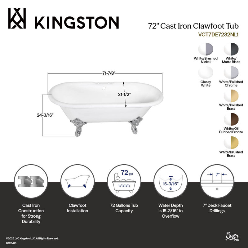 Kingston Brass Aqua Eden 72-Inch Cast Iron Oval Double Ended Clawfoot Tub (7-Inch Faucet Drillings), Brushed Nickel