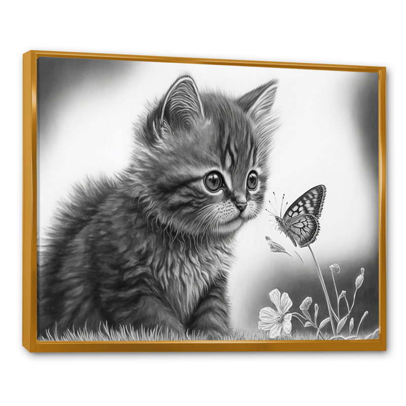 Art numérique sur toile, "Petit chaton avec papillon IV", L 20 po x H 12 po, Cadre flottant doré