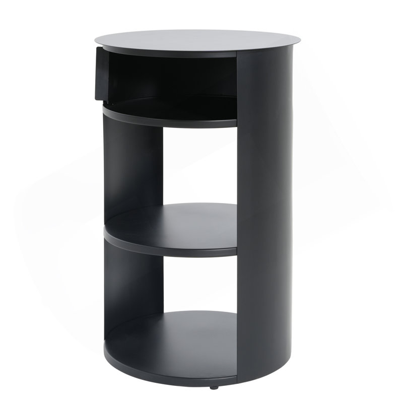 Indoor 3-Tier Metal Round Side Table With Sliding Door Cabinet, Matte Black