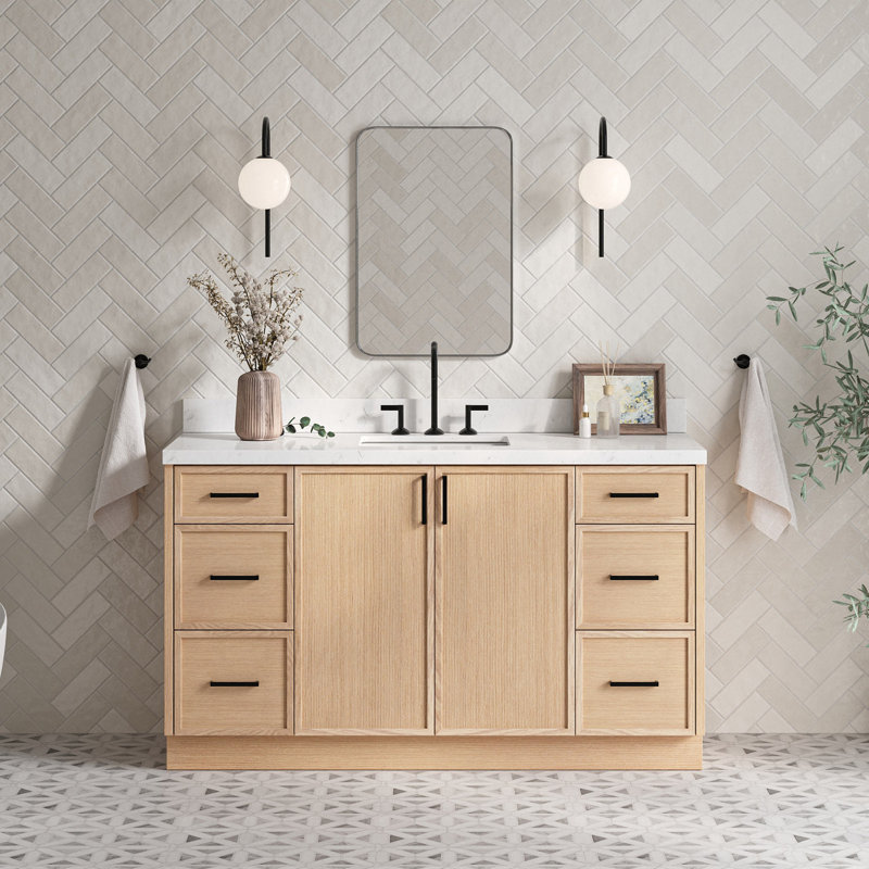ARIEL Kelly  Single Sink Bathroom Vanity with Carrara Quartz Top, Rectangular, Oak, 60"