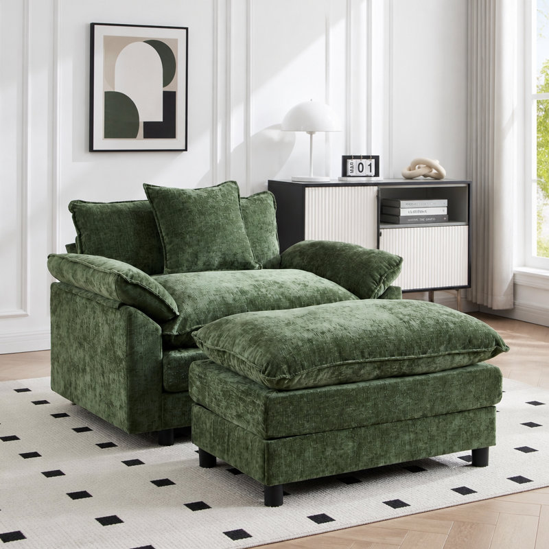 Chaise d'appoint moderne avec revêtement en chenille moelleuse et structure en bois massif, Tissu vert
