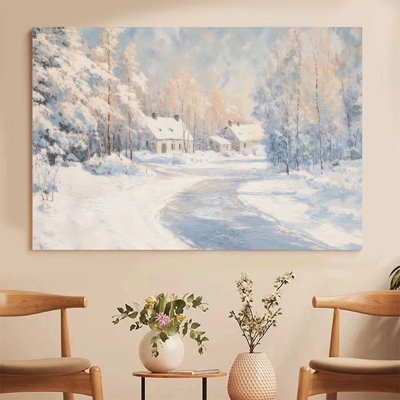 1Pc Framed Canvas Poster Print Winter Snow Scenery, Rural Cottage, Impressionist Style Wall Art Decor, Perfect for Room Decor Living Room Bedroom Offi
