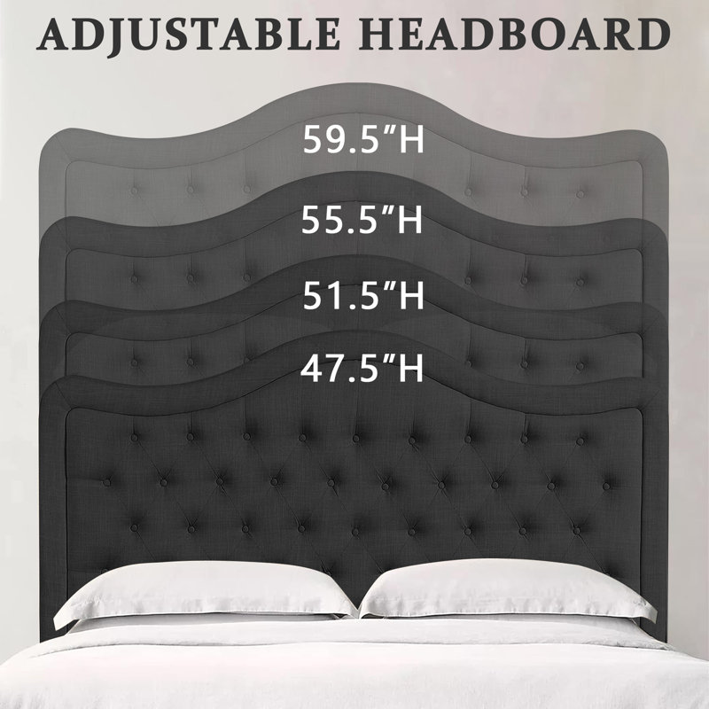 Adjustable Headboard with Fine Linen Upholstery and Button Tufting for Bedroom, Black, King