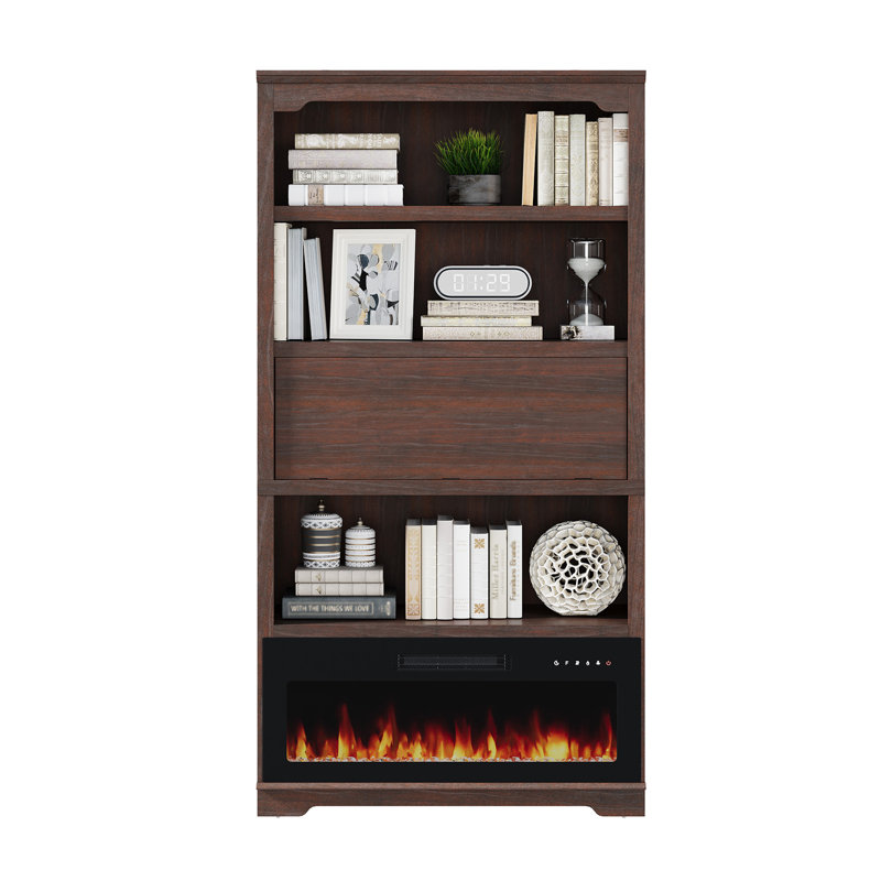 Luper 71inch Standard Bookcase,4-Shelf Bookcases Cabinet with Electric Firplace and Flip-shelf, Cherry