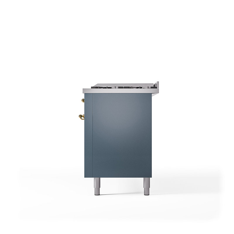 ILVE Nostalgie II Series 60 inch Dual Fuel Range with 9 Sealed Burners, Griddle (Solid Door), Liquid Propane, Blue Gray/Brass